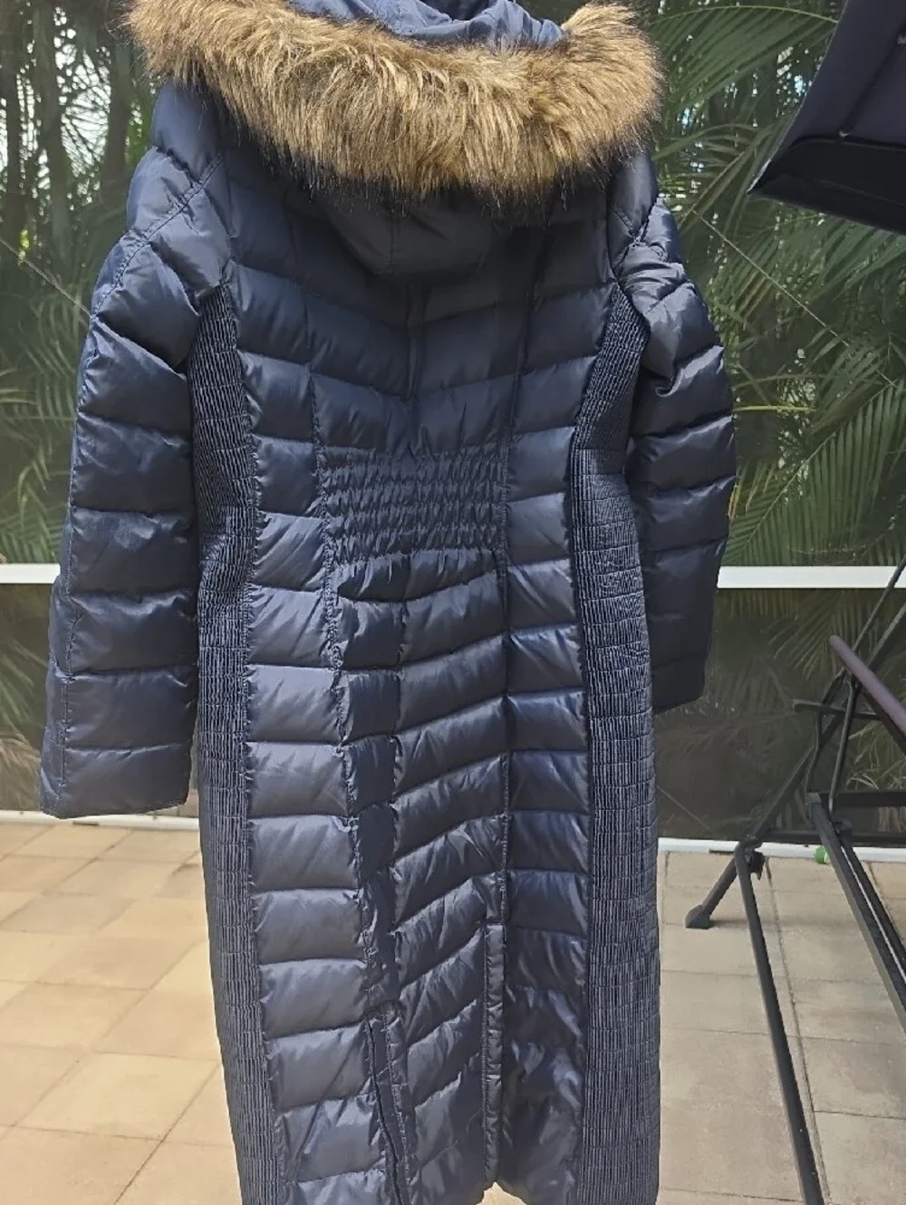 Michael Kors Navy Quilted Long Puffer Coat with Faux Fur Hood Trim